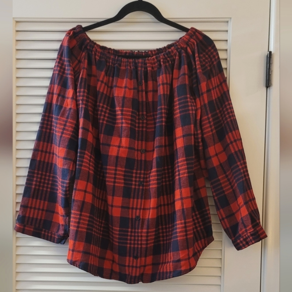 (Plus-Size) 100% Cotton Plaid Off-Shoulder Long-Sleeve Top With Faux Buttons